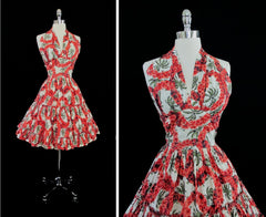 z Vintage 50's Red Hawaiian Flower Lei and Palm Tree Halter Dress S - Bombshell Bettys Vintage