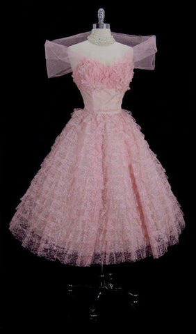 Vintage 50's Candy Pink Lace and Tulle Formal Party Dress M