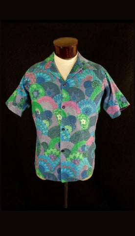 Vintage Blue Beyond The Reef Floral Fan Print Hawaiian Shirt