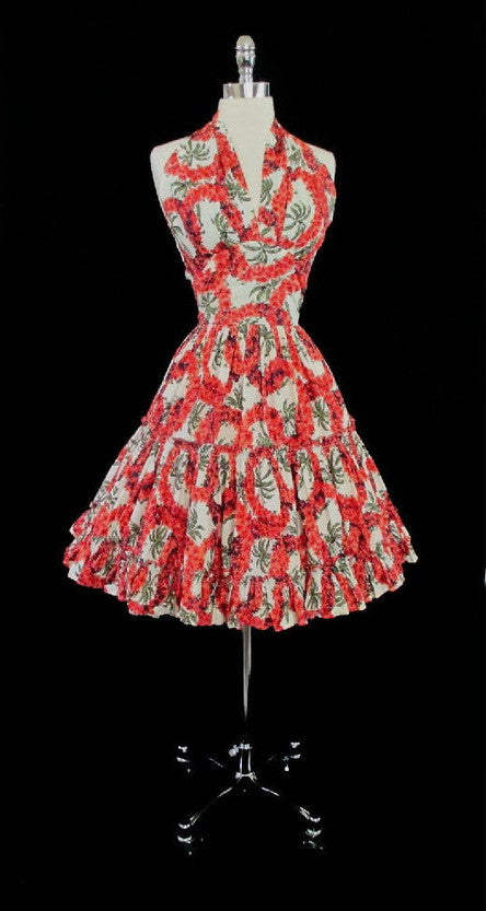 z Vintage 50's Red Hawaiian Flower Lei and Palm Tree Halter Dress S - Bombshell Bettys Vintage