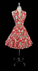 z Vintage 50's Red Hawaiian Flower Lei and Palm Tree Halter Dress S - Bombshell Bettys Vintage