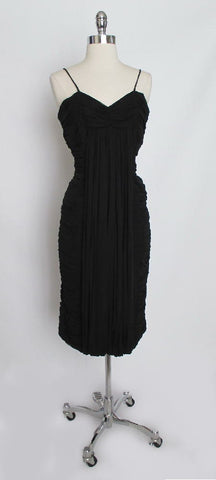 • Vintage 50's Suzy Perette Black Pleated Chiffon Sheath Dress M