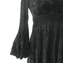 Vintage 90s Black Crushed Velvet Bell Sleeve Mini Dress S