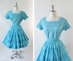 Vintage 50's Aquamarine Desert Flower Patio / Squaw Skirt Blouse Set L - Bombshell Bettys Vintage