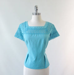 Vintage 50's Aquamarine Desert Flower Patio / Squaw Skirt Blouse Set L - Bombshell Bettys Vintage