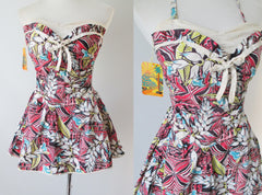 Vintage 50's  Mac Perth Sportswear Tropical Print Skirted Playsuit Swimsuit S - Bombshell Bettys Vintage