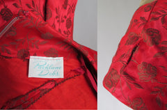 Vintage 50's Red Satin Rose Brocade Peplum Sheath Party Dress S - Bombshell Bettys Vintage