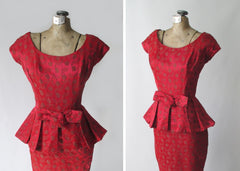 Vintage 50's Red Satin Rose Brocade Peplum Sheath Party Dress S - Bombshell Bettys Vintage