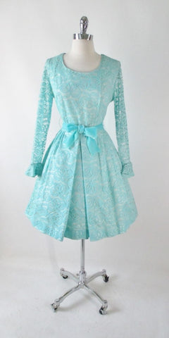 Vintage 60's Tiffany Blue Lace Special Occasion Party Dress L