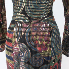 Vintage 80s 90s Janine Gold Hand Painted Cocktail Party Dress M