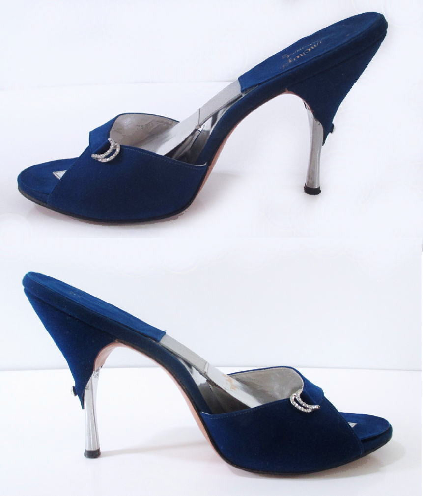 z Vintage 50's 60's Cobalt Blue Suede Springolator Heels Shoes 7.5 - Bombshell Bettys Vintage