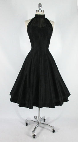 • Vintage 50's Black Chiffon Polished Cotton Full Skirt Evening Party Halter Dress M