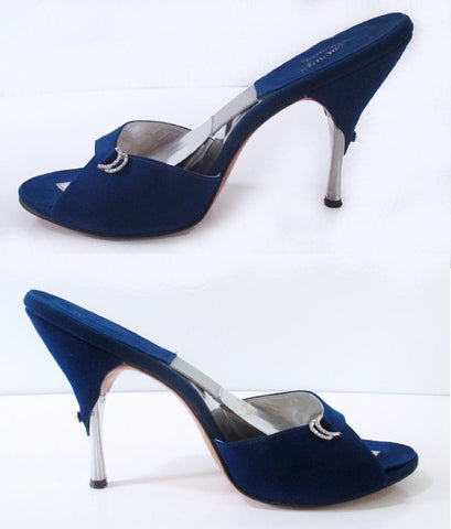 z Vintage 50's 60's Cobalt Blue Suede Springolator Heels Shoes 7.5