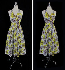 z Vintage 50's Surfriders Rare Modern Abstract Seashells Hawaiian Halter Dress XS - Bombshell Bettys Vintage
