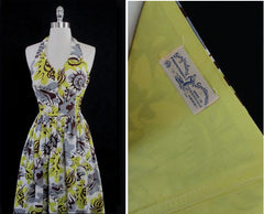 z Vintage 50's Surfriders Rare Modern Abstract Seashells Hawaiian Halter Dress XS - Bombshell Bettys Vintage