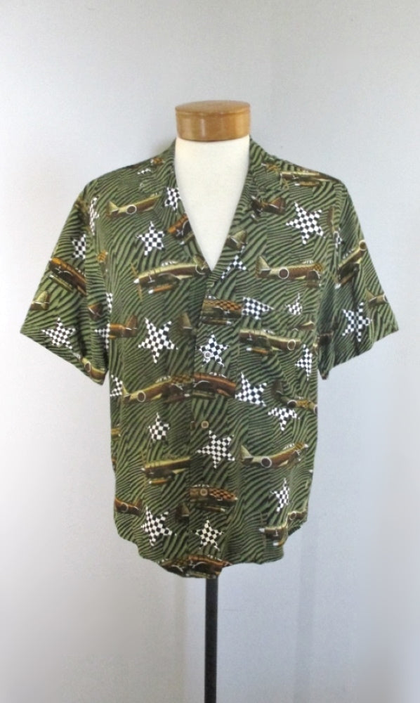 Vintage 90's Zeno Veronese WWII Airplane Hawaiian Style Rayon Shirt L - Bombshell Bettys Vintage