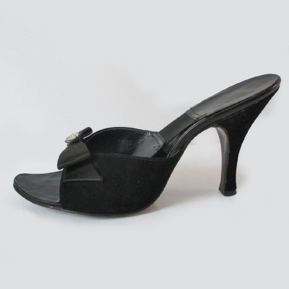 Vintage 50's Black Suede Satin Bow Springolator Heels Shoes 7.5 / 8 - Bombshell Bettys Vintage