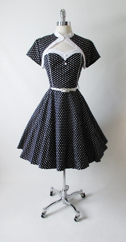 Vintage 50's Look Strapless Black White Polka Dot Full Circle Skirt Dress & Bolero L - Bombshell Bettys Vintage