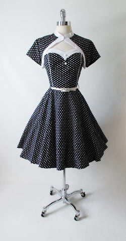 • Vintage 50's Look Strapless Black White Polka Dot Full Circle Skirt Dress & Bolero L
