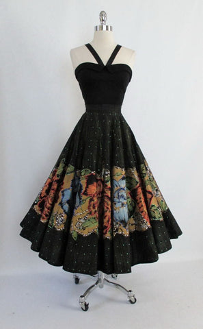 • Vintage 50's Hand Painted Red Blue Roses & Sequins Souvenir Circle Skirt M