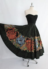 • Vintage 50's Hand Painted Red Blue Roses & Sequins Souvenir Circle Skirt M - Bombshell Bettys Vintage