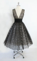 • Vintage 50's Black & Silver Lurex Lace Sheer Full Skirt Party Dress Overskirt S - Bombshell Bettys Vintage