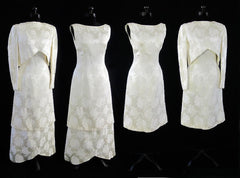 Vintage 60's White Damask Rose Wedding Dress Going Away Convertible Jacket Set S - Bombshell Bettys Vintage