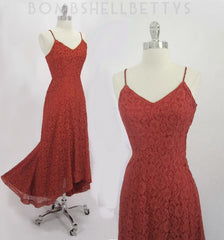 z Vintage 40's Red Lace Fishtail Train Evening Wedding Cocktail Party Gown Dress XS - Bombshell Bettys Vintage
