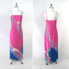 vintage dress 70s 1970s maxi pink blue Hawaiian disco dress