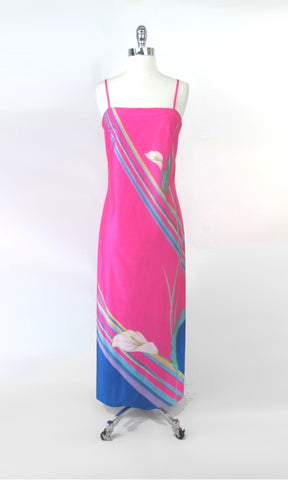 Vintage 70s Malama Pink Calla Lily Hawaiian Maxi Dress M