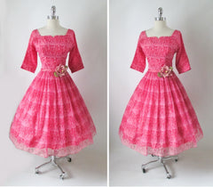 Vintage 50's Sheer Pink Organdy Chiffon Strolling Ladies Novelty Print Party Dress S - Bombshell Bettys Vintage