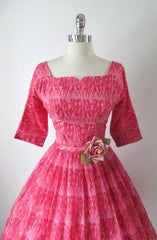 Vintage 50's Sheer Pink Organdy Chiffon Strolling Ladies Novelty Print Party Dress S - Bombshell Bettys Vintage