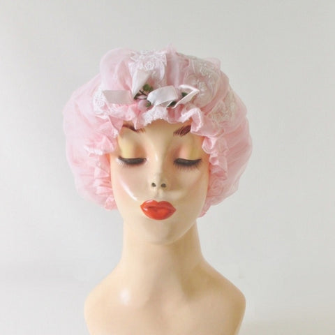 Vintage Pink Chiffon & Lace Bouffant Shower Bathing Cap Hat