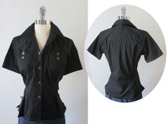 Vintage 50's Style Rockmount Ranchwear Black Western Shirt Blouse Top S - Bombshell Bettys Vintage