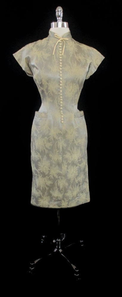 Vintage 50's Silver Satin Atomic Yellow Floral Chinese Modern Asian Inspired Wiggle Dress S Vintage 50's Silver Satin Atomic Yellow Floral Chinese Modern Asian Inspired Wiggle Dress S