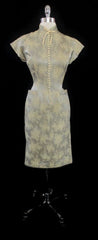Vintage 50's Silver Satin Atomic Yellow Floral Chinese Modern Asian Inspired Wiggle Dress S - Bombshell Bettys Vintage