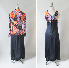 Vintage 70's Floral Maxi Dress & Matching Jacket L - Bombshell Bettys Vintage