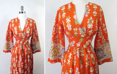 Vintage 60s 70s Evening Bell Sleeve Maxi Dress M