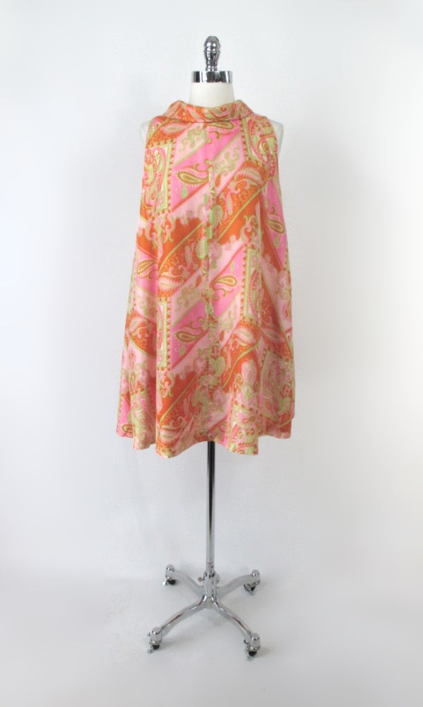 Vintage 60s Paisley Silk Scarf Style Trapeze Dress L