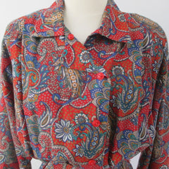 Vintage 80s Red Paisley Side Button Shirtwaist Dress XL / 1X