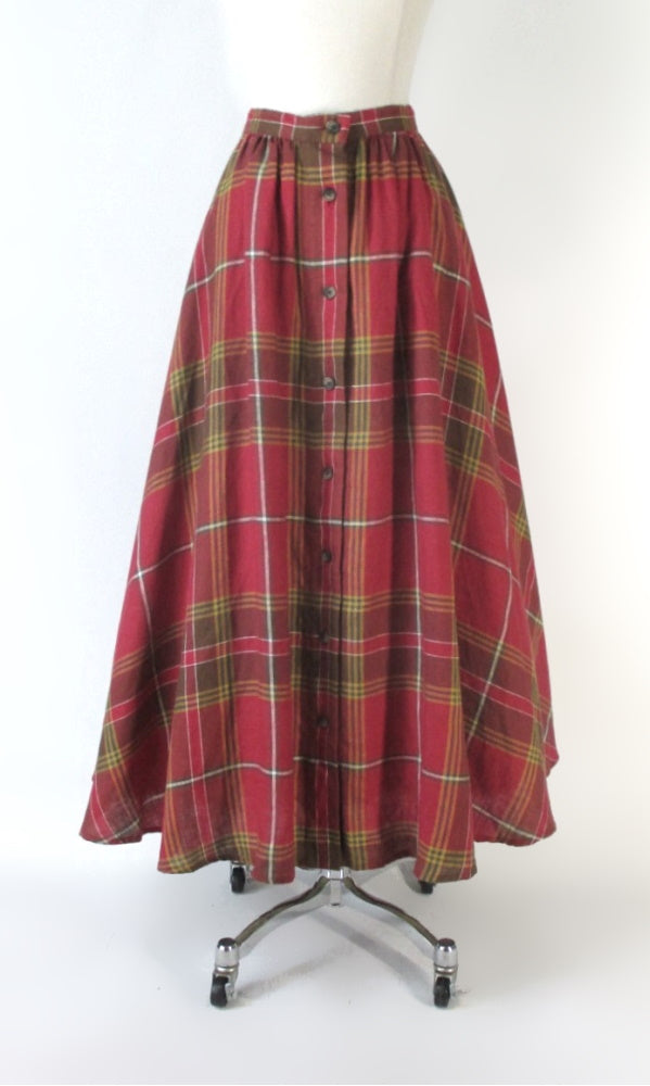 Vintage 90s DKNY Linen Tea Length Plaid Skirt S