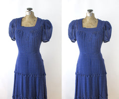 Vintage 30s 40s Sheer Blue Swiss Dot Dress Gown XS