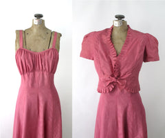 Vintage 40s Pink Gown & Matching Puff Sleeve Bolero XS