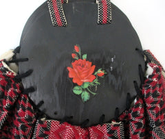 Vintage 40s Red Roses Fabric & Wood Bonnie Style Bag
