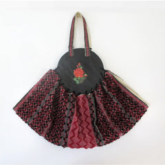 Vintage 40s Red Roses Fabric & Wood Bonnie Style Bag