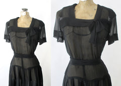 Vintage 40s Sheer Black Day Dress Matching Belt S
