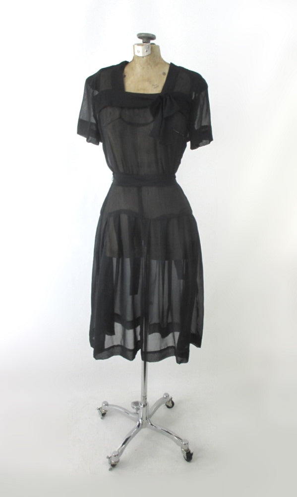 Vintage 40s Sheer Black Day Dress Matching Belt S
