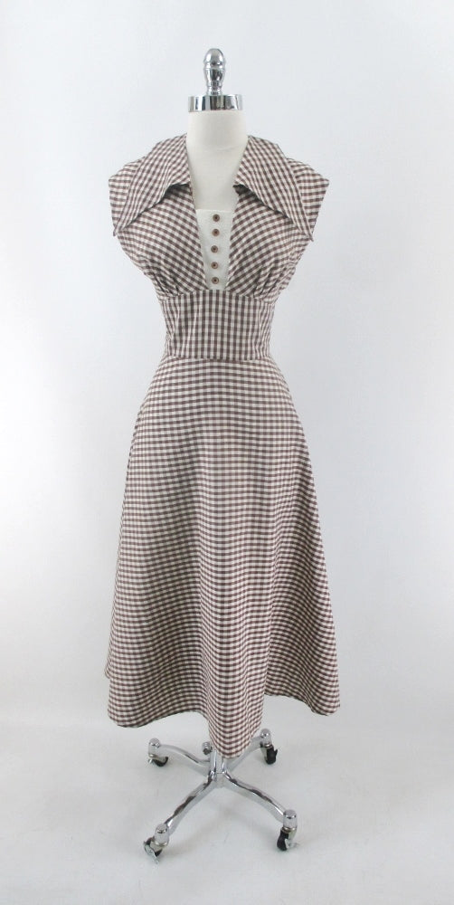 Vintage 50s Brown Gingham Wide Collar Day Dress L
