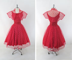 vintage 50s red lace full skirt fit flare party dress lace bolero over skirt lace set matching bombshell bettys vintage bolero full