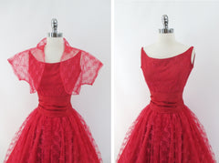 vintage 50s red lace full skirt fit flare party dress lace bolero over skirt lace set matching bombshell bettys vintage bodice